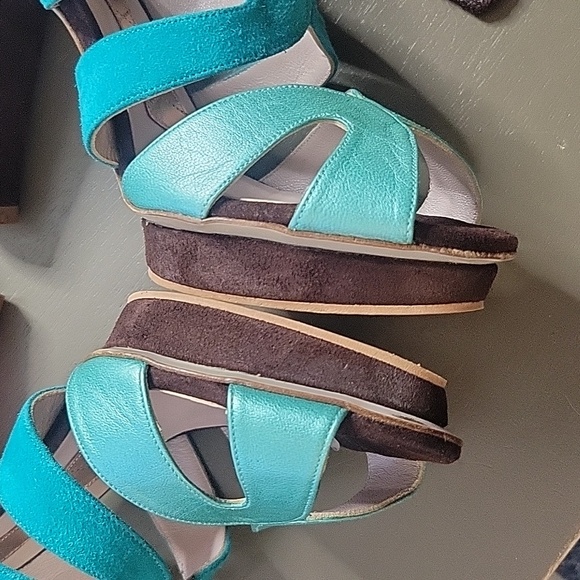 Magrit Spain Leather & Suede Ankle Strap Platform Heels Teal Blue & Brown 37.5 7 - Picture 10 of 16